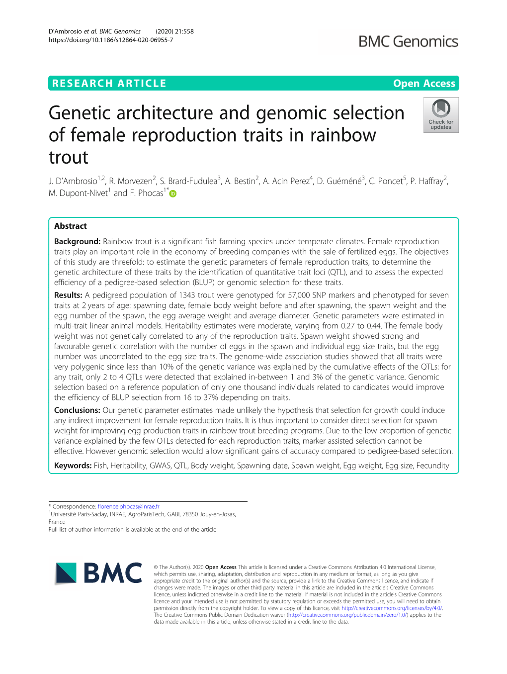 Genetic Architecture and Genomic Selection of Female Reproduction Traits in Rainbow Trout J
