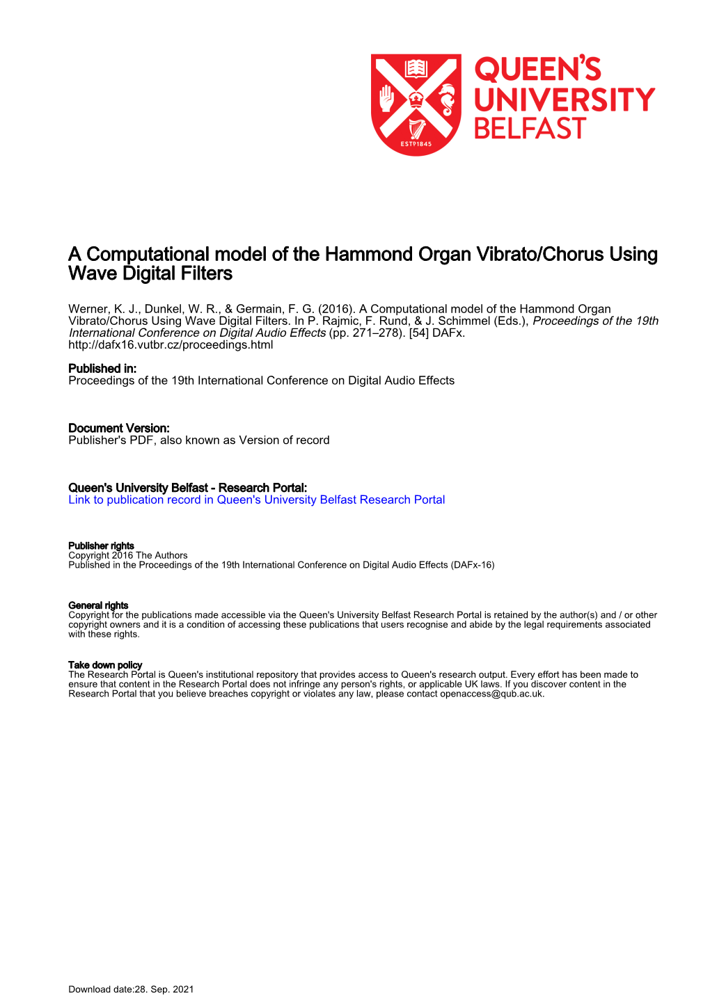 A Computational Model of the Hammond Organ Vibrato/Chorus Using Wave Digital Filters