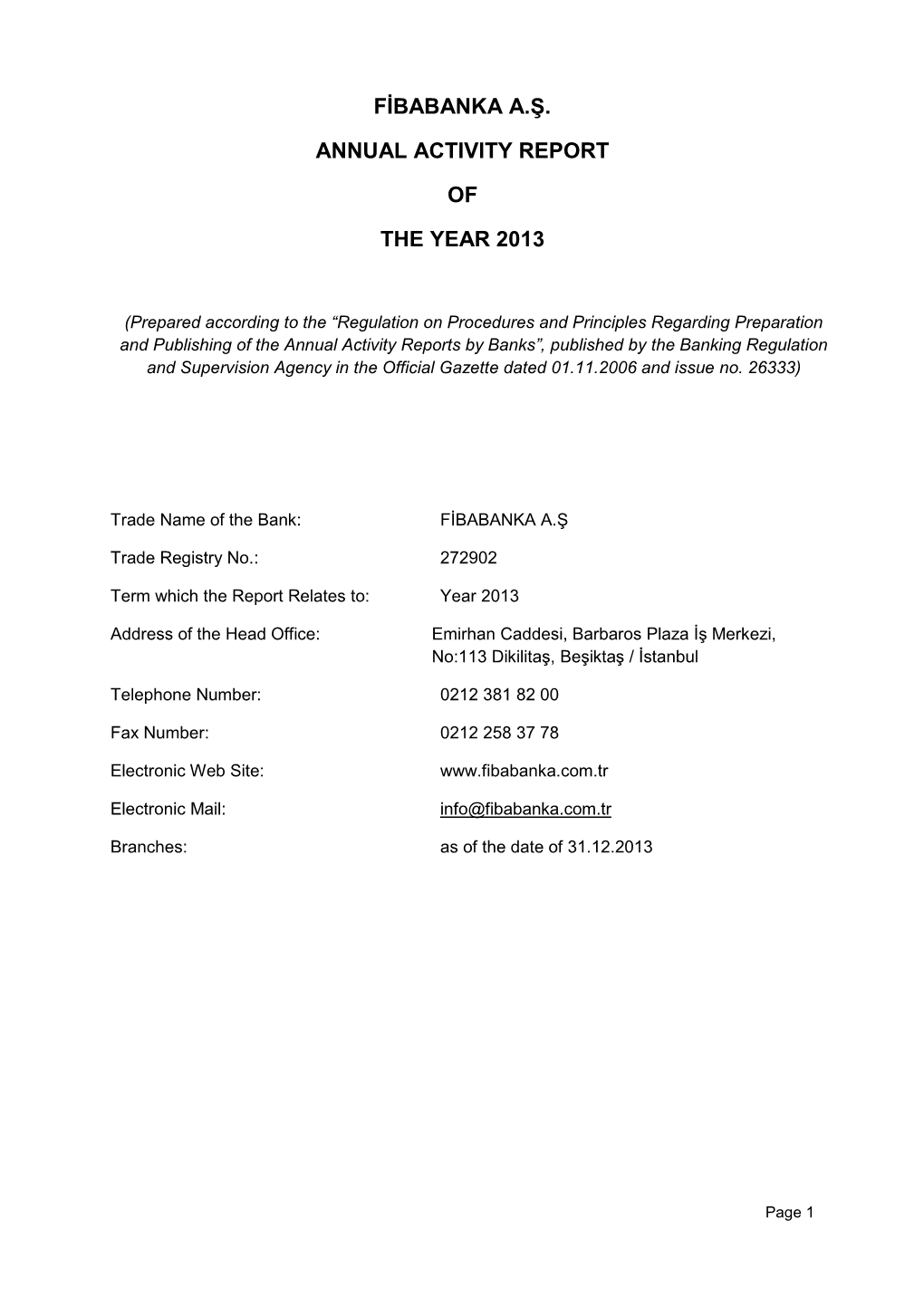 Fi̇babanka A.Ş. Annual Activity Report of the Year 2013