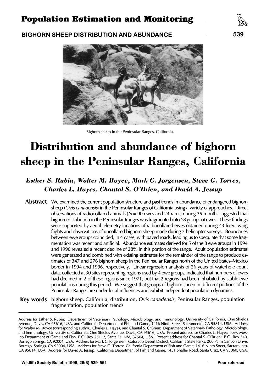 Distribution and Abundance of Bighorn Sheep in the Peninsular Rangess, California