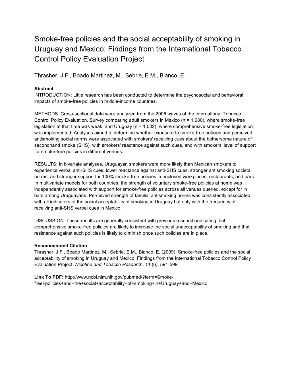 Smoke-Free Policies and the Social Acceptability of Smoking in Uruguay and Mexico: Findings from the International Tobacco Control Policy Evaluation Project