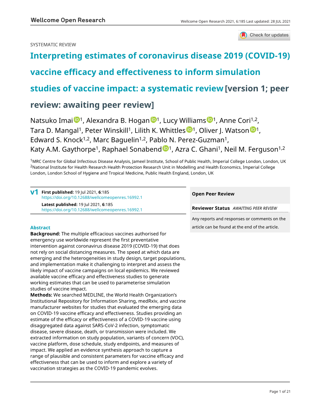 (COVID-19) Vaccine Efficacy and Effectiveness to Inform Simulation Studies of Vaccine Impact: a Systematic Review [Version 1; Peer Review: Awaiting Peer Review]