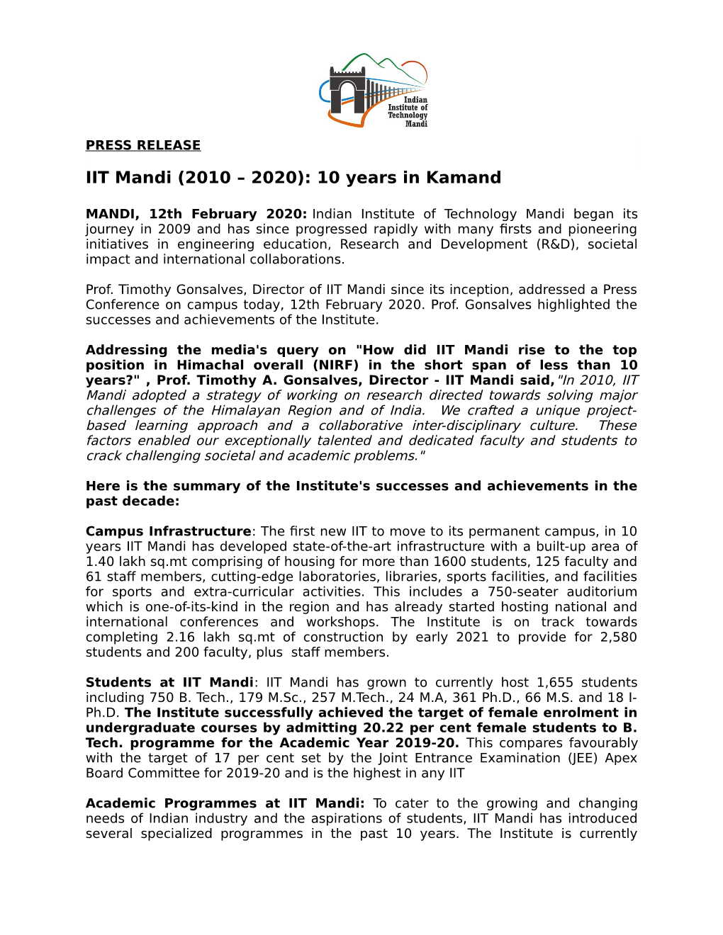 IIT Mandi (2010 – 2020): 10 Years in Kamand