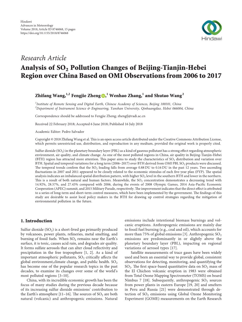 Analysis of SO2 Pollution Changes of Beijing-Tianjin-Hebei Region Over China Based on OMI Observations from 2006 to 2017