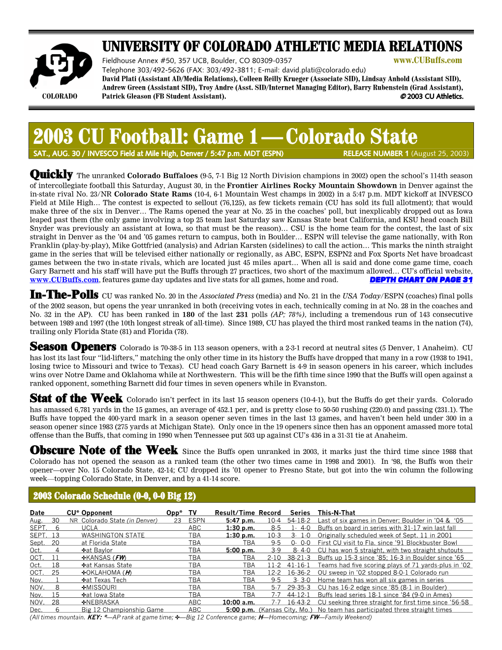 2003 CU Football: Game 1—Colorado State
