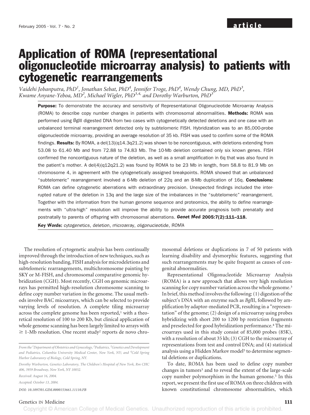 Application of ROMA (Representational Oligonucleotide Microarray Analysis) to Patients with Cytogenetic Rearrangements