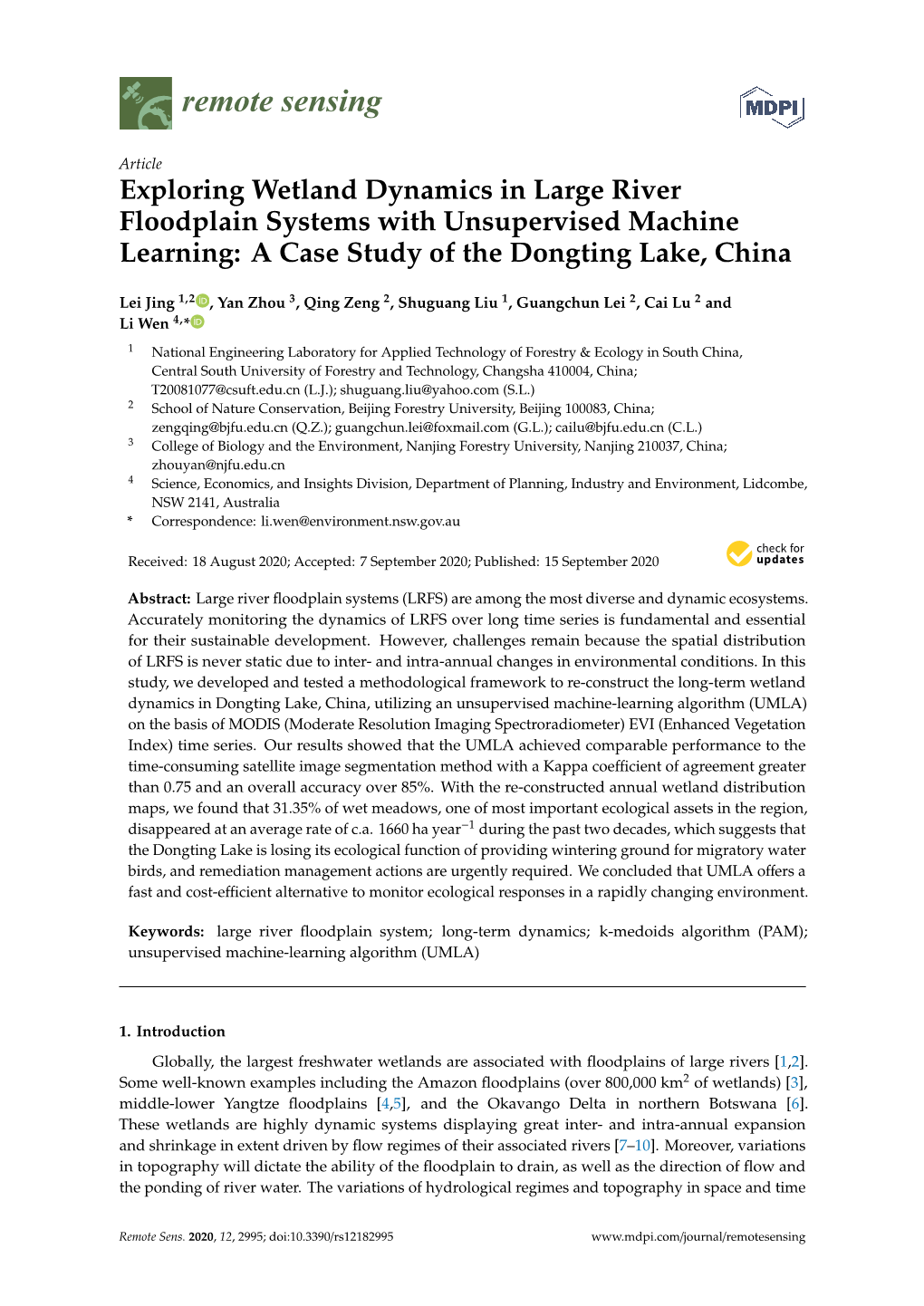 Exploring Wetland Dynamics in Large River Floodplain Systems with Unsupervised Machine Learning: a Case Study of the Dongting Lake, China