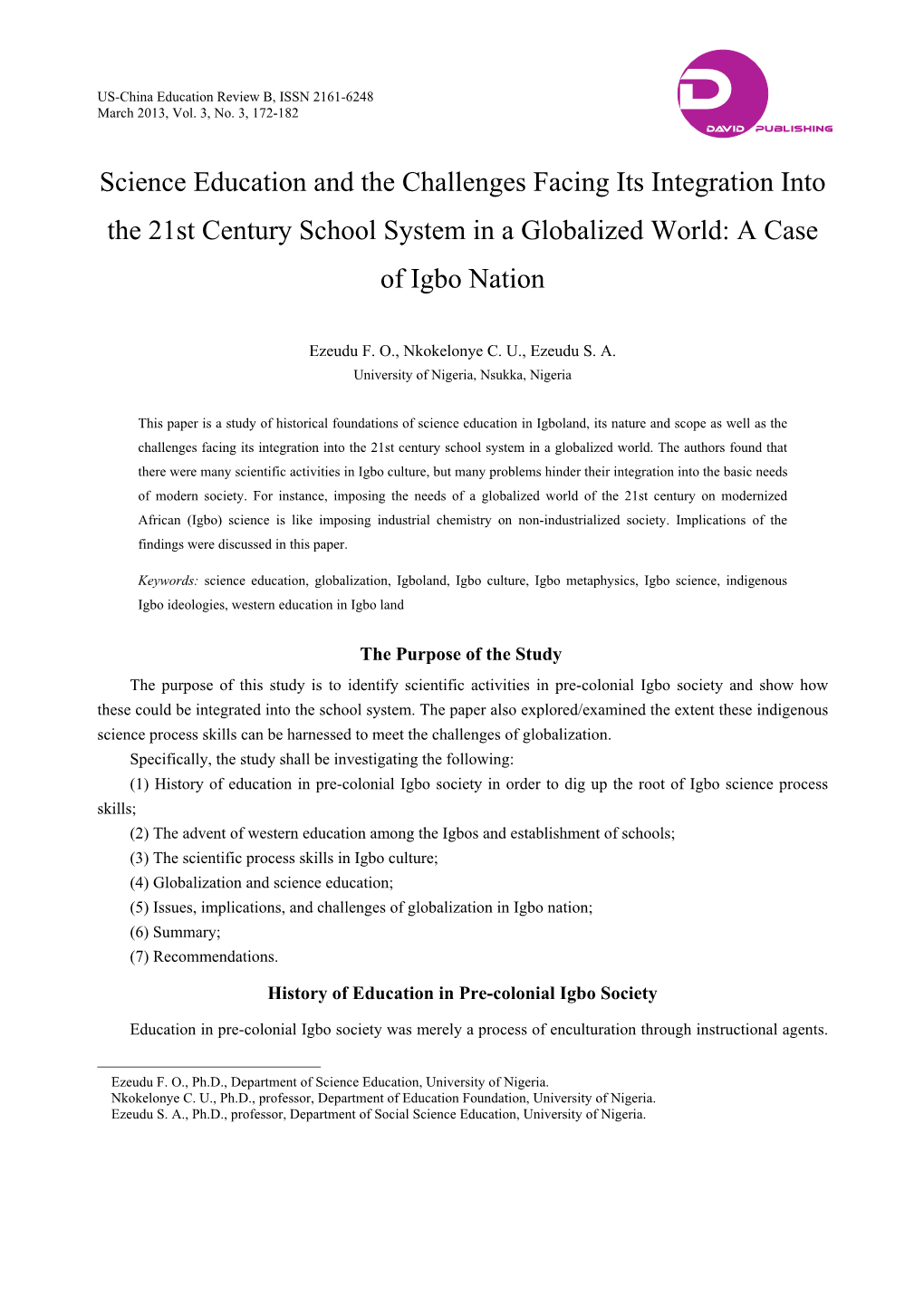 Science Education and the Challenges Facing Its Integration Into the 21St Century School System in a Globalized World: a Case of Igbo Nation