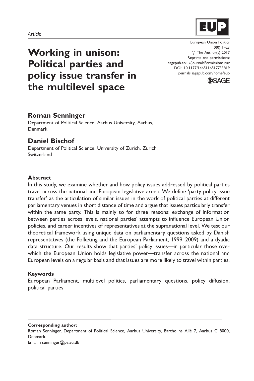 Working in Unison: Political Parties and Policy Issue Transfer in The