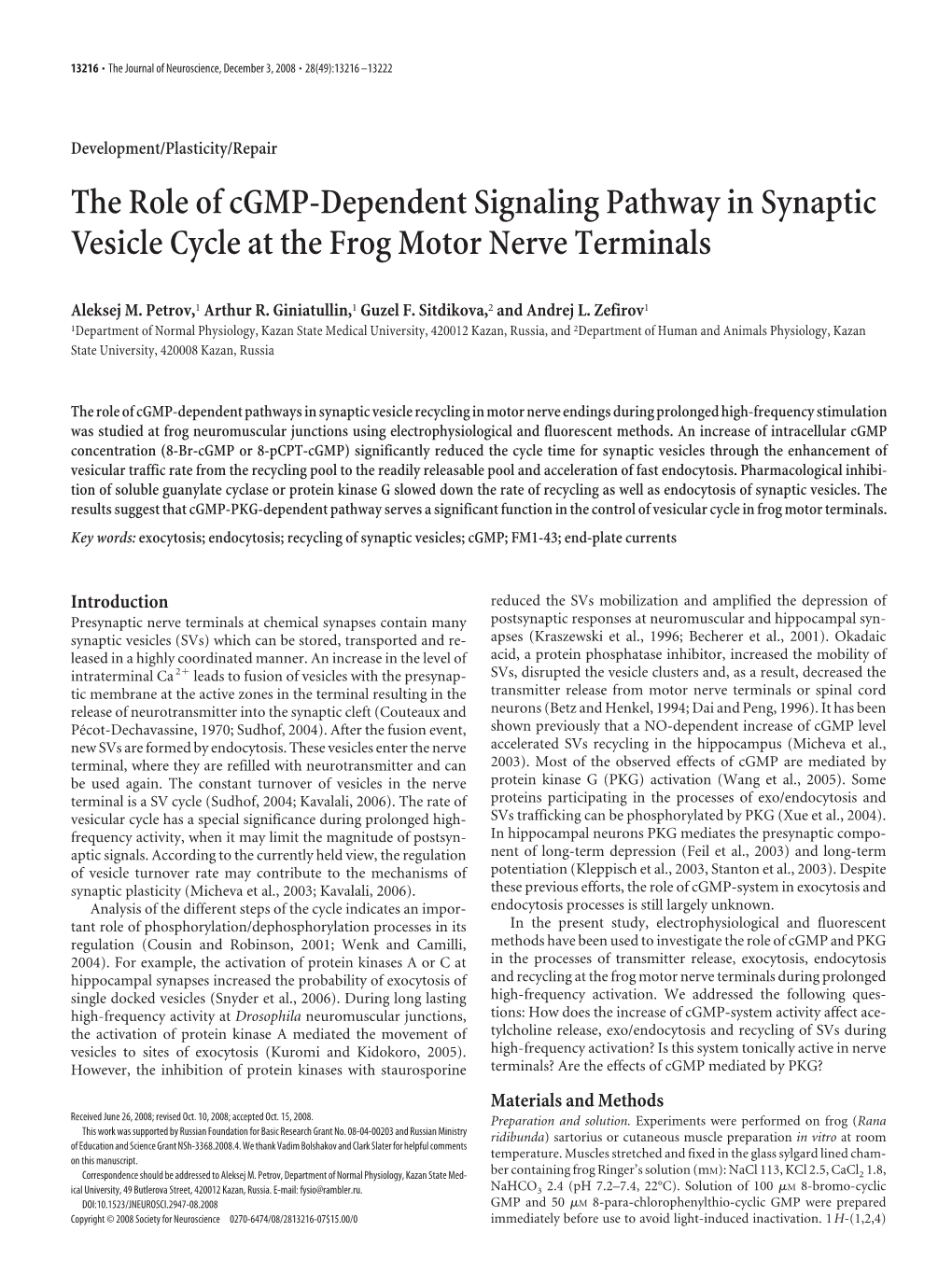 The Role of Cgmp-Dependent Signaling Pathway in Synaptic Vesicle Cycle at the Frog Motor Nerve Terminals