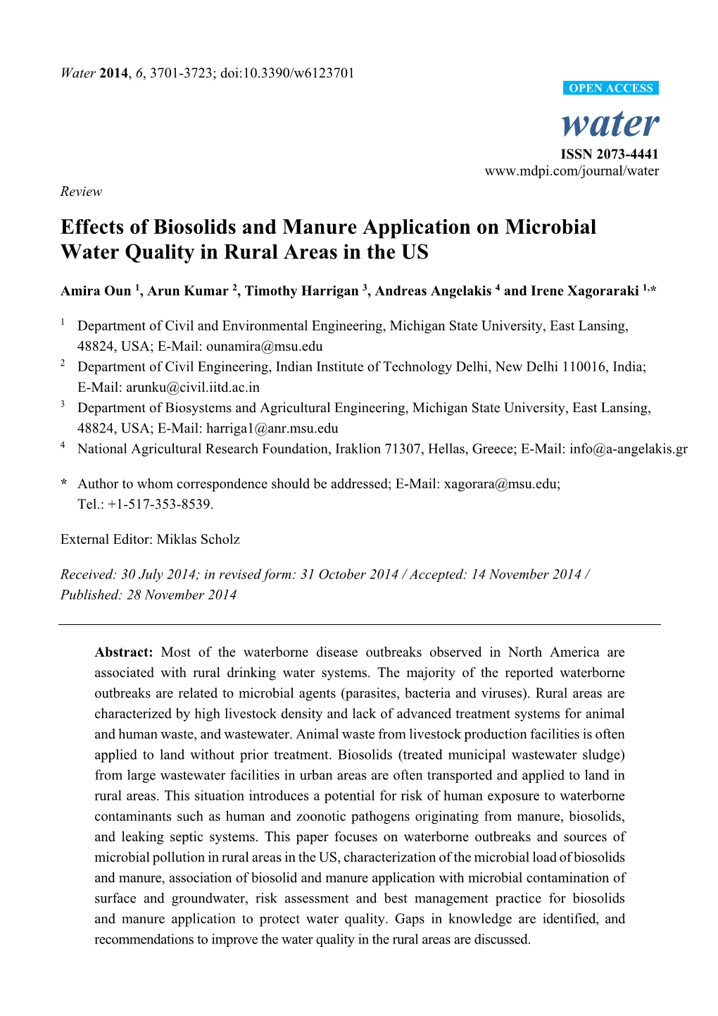 Effects of Biosolids and Manure Application on Microbial Water Quality in Rural Areas in the US