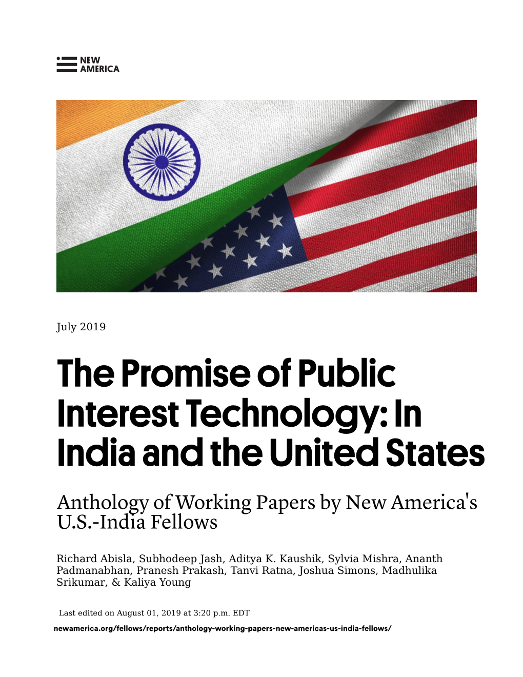 The Promise of Public Interest Technology: in India and the United States Anthology of Working Papers by New America's U.S.-India Fellows