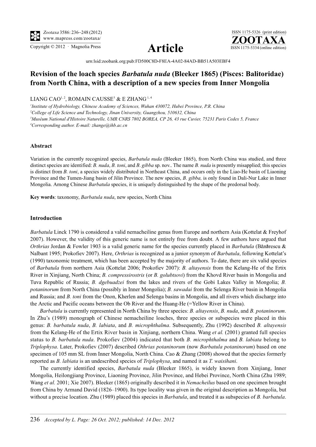 Revision of the Loach Species Barbatula Nuda (Bleeker 1865) (Pisces: Balitoridae) from North China, with a Description of a New Species from Inner Mongolia