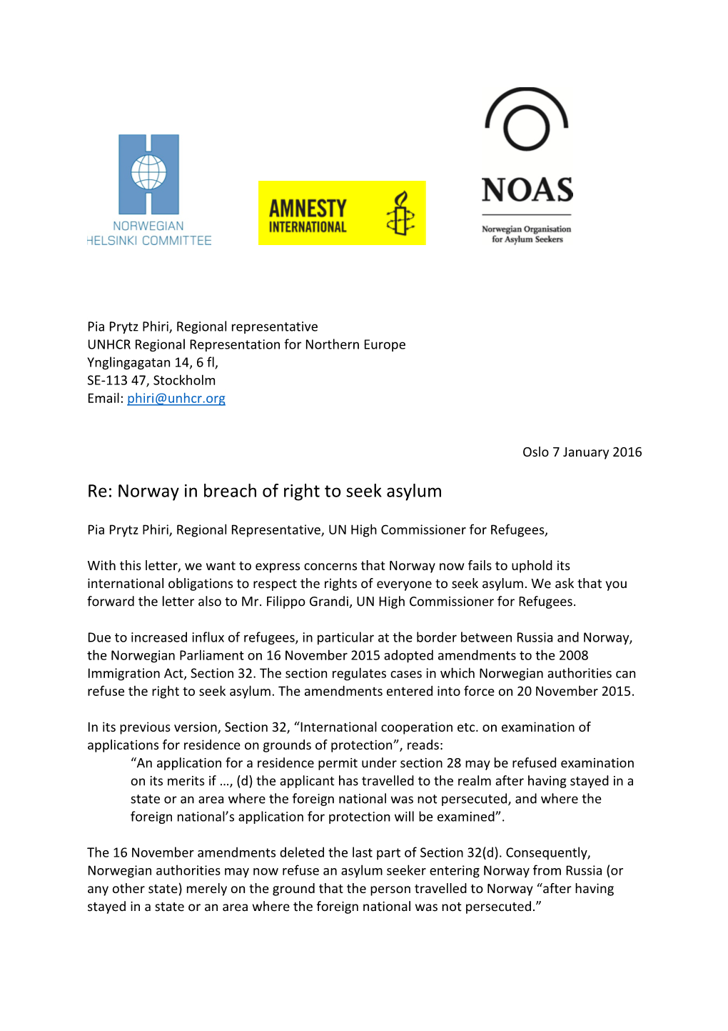 Re: Norway in Breach of Right to Seek Asylum