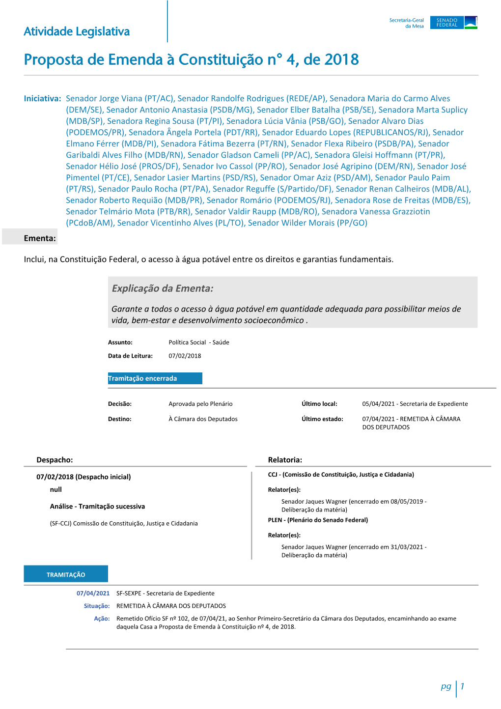 Atividade Legislativa Proposta De Emenda À Constituição N° 4, De 2018