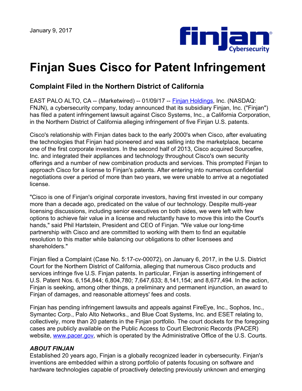 Finjan Sues Cisco for Patent Infringement