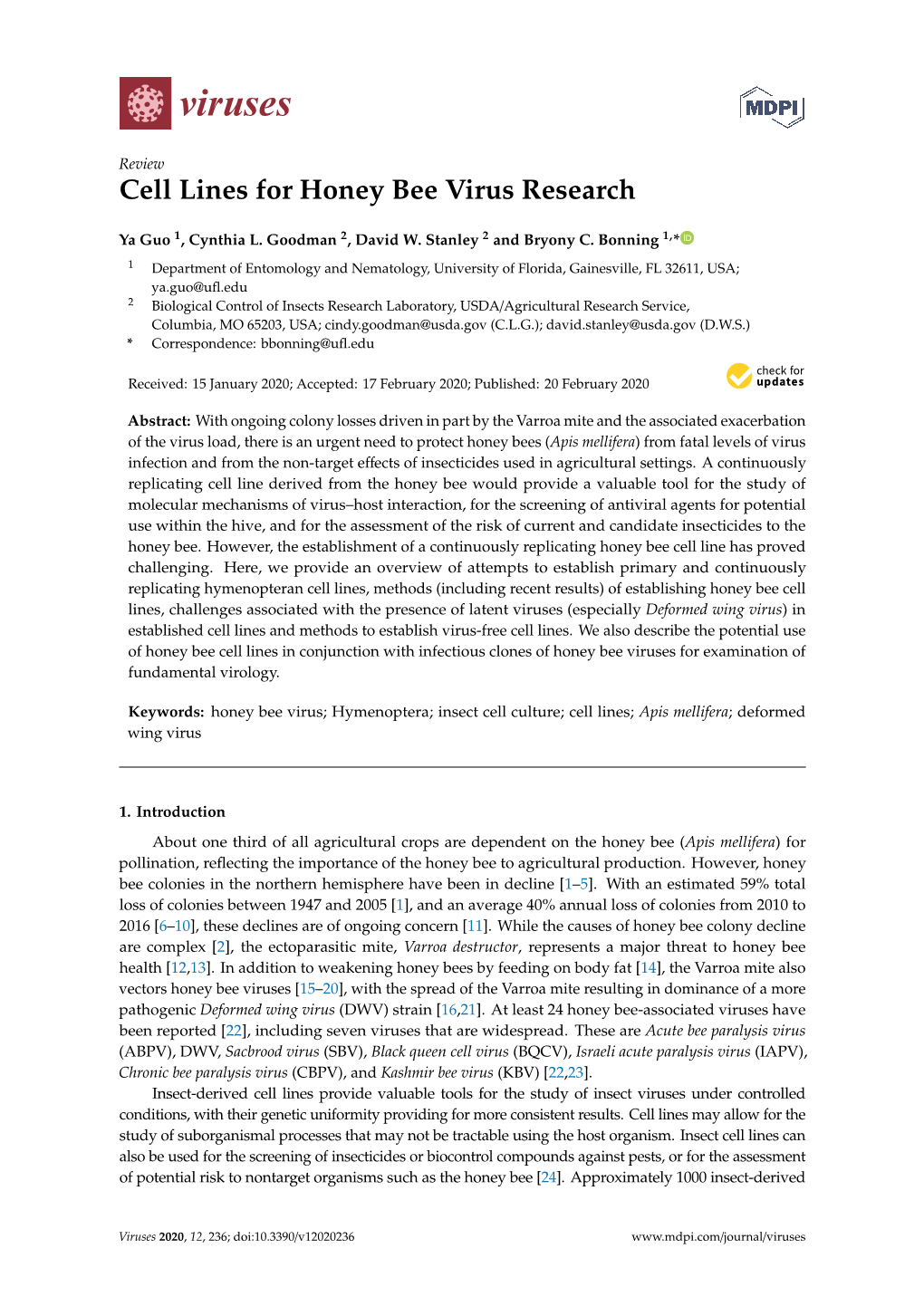 Cell Lines for Honey Bee Virus Research