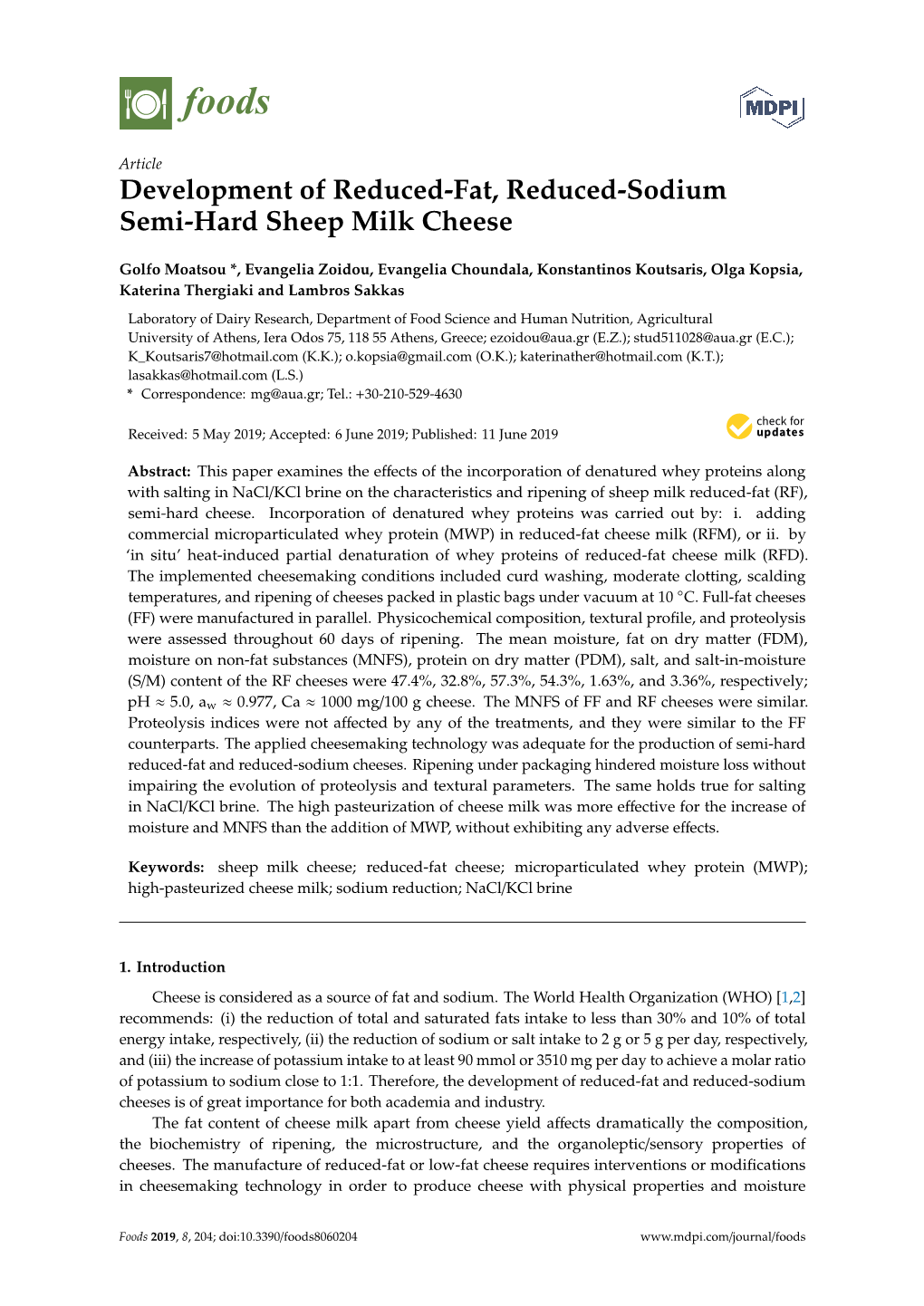 Development of Reduced-Fat, Reduced-Sodium Semi-Hard Sheep Milk Cheese