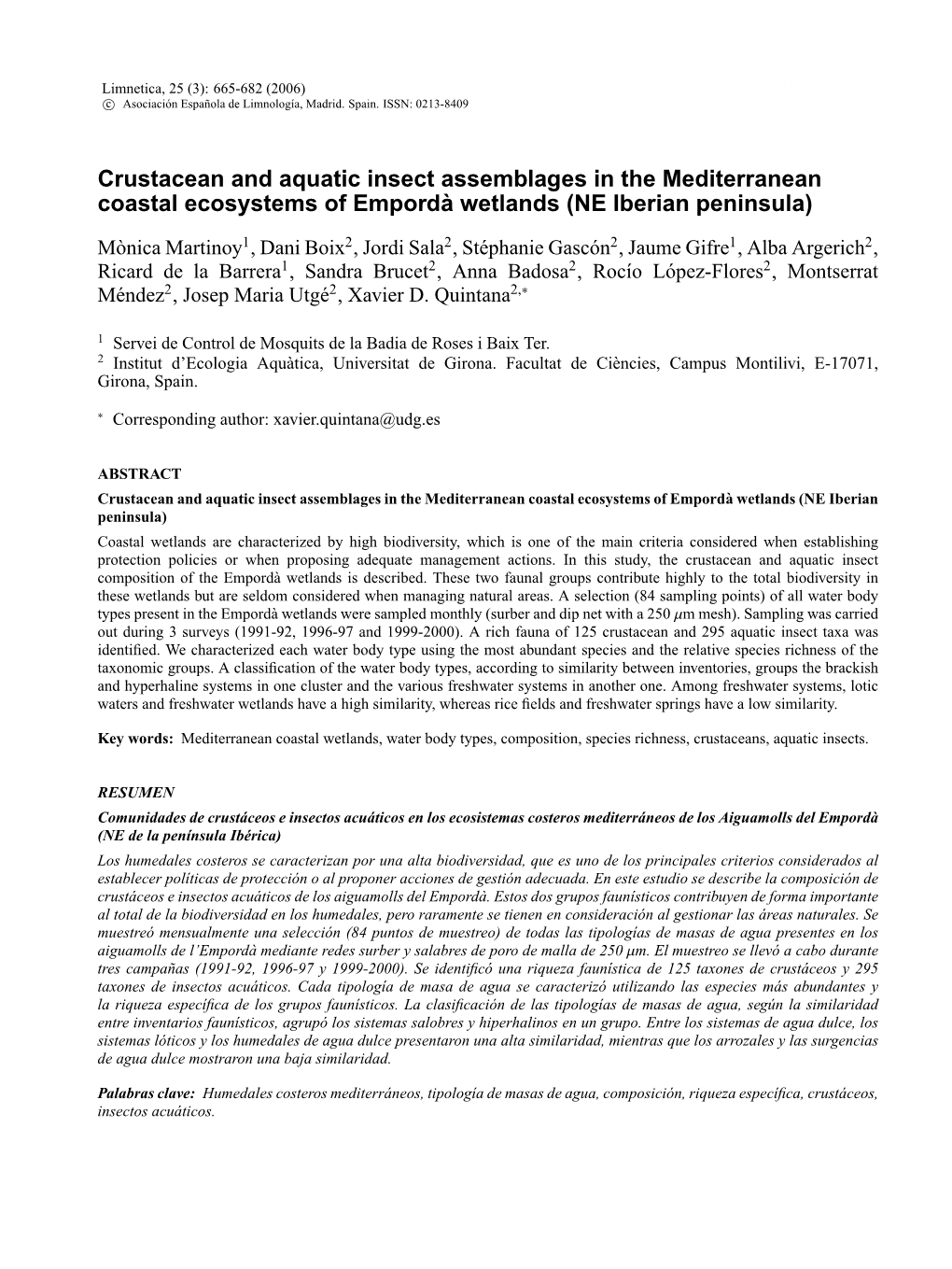 Crustacean and Aquatic Insect Assemblages of Emporda Wetlands