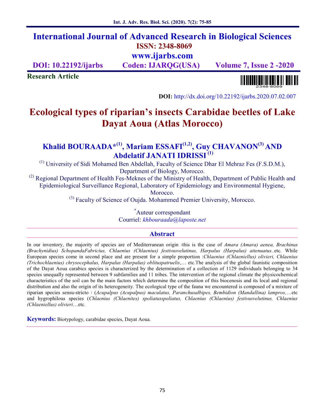 Ecological Types of Riparian's Insects Carabidae Beetles of Lake Dayat Aoua (Atlas Morocco)