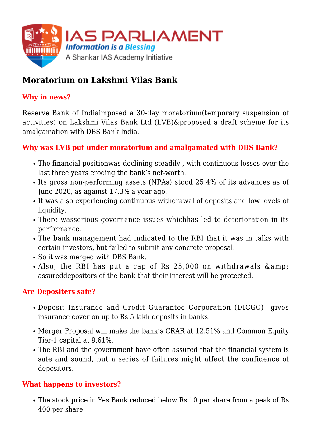 Moratorium on Lakshmi Vilas Bank