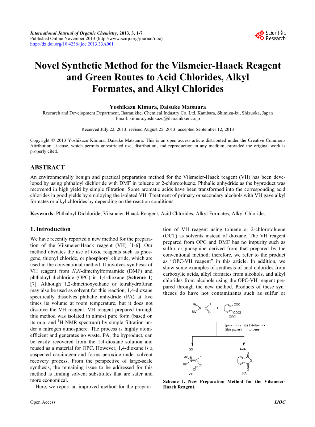 Novel Synthetic Method for the Vilsmeier-Haack Reagent and Green Routes to Acid Chlorides, Alkyl Formates, and Alkyl Chlorides