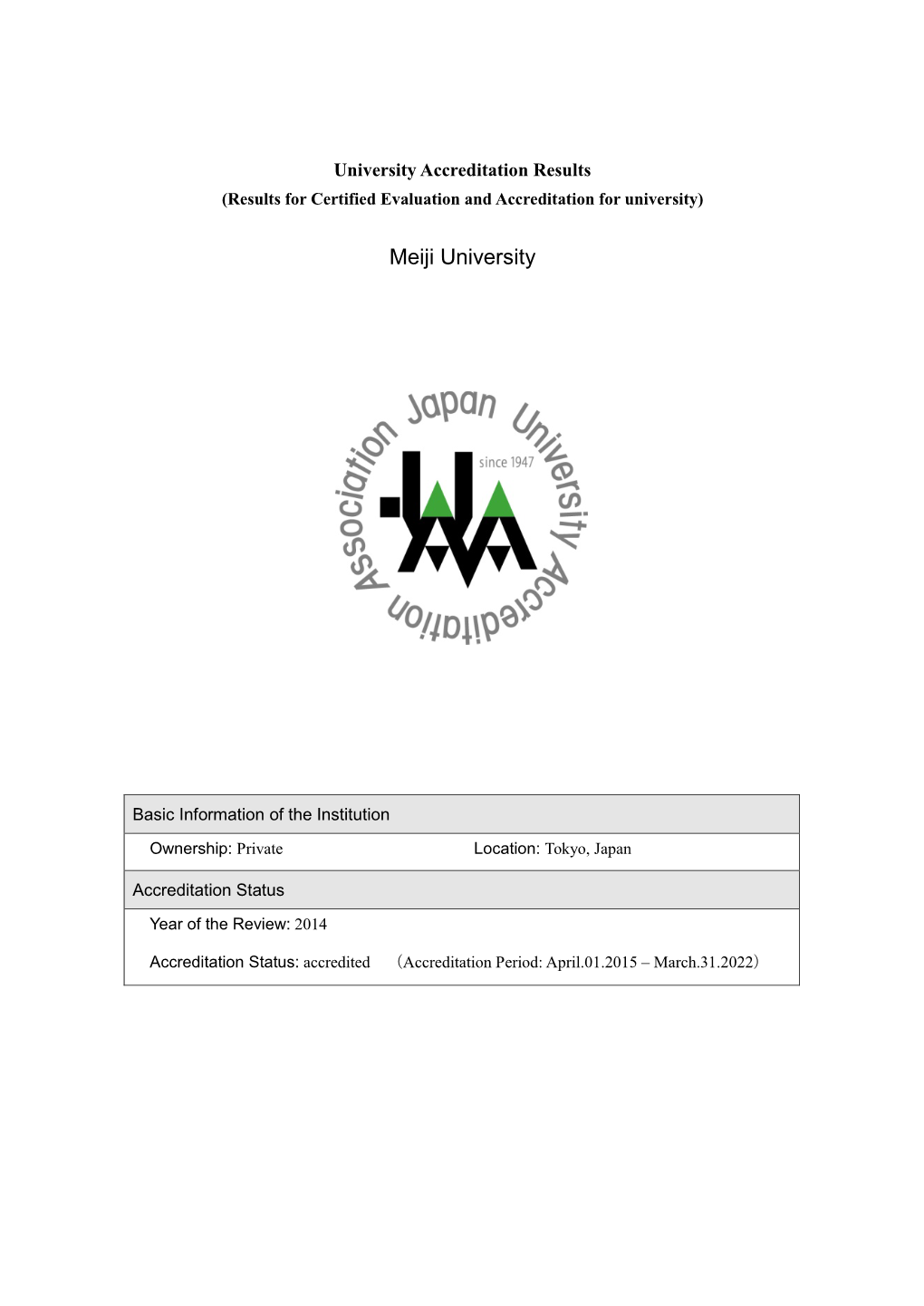 Certified Evaluation and Accreditation Results for Meiji University