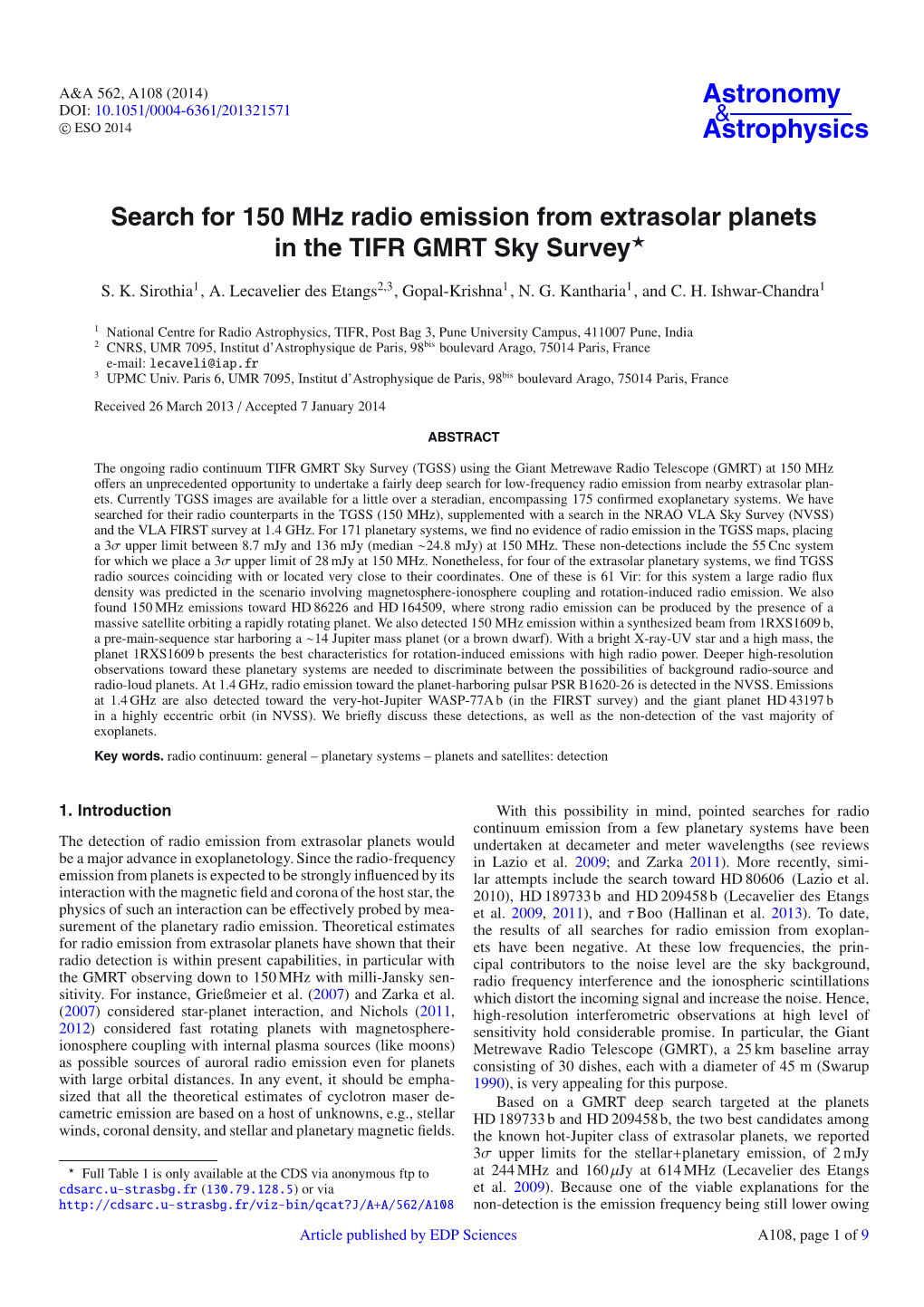 Search for 150 Mhz Radio Emission from Extrasolar Planets in the TIFR GMRT Sky Survey