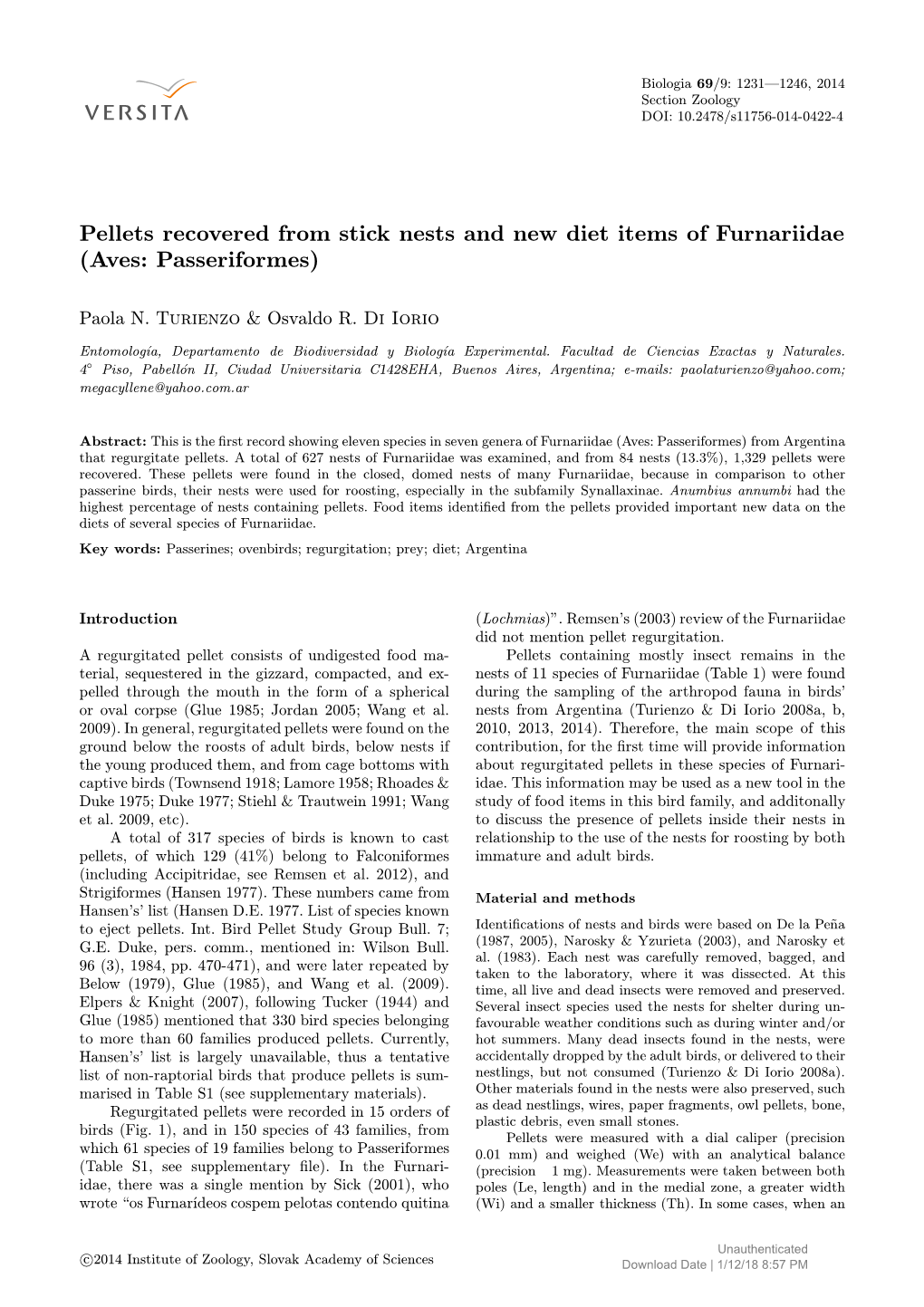 Pellets Recovered from Stick Nests and New Diet Items of Furnariidae (Aves: Passeriformes)