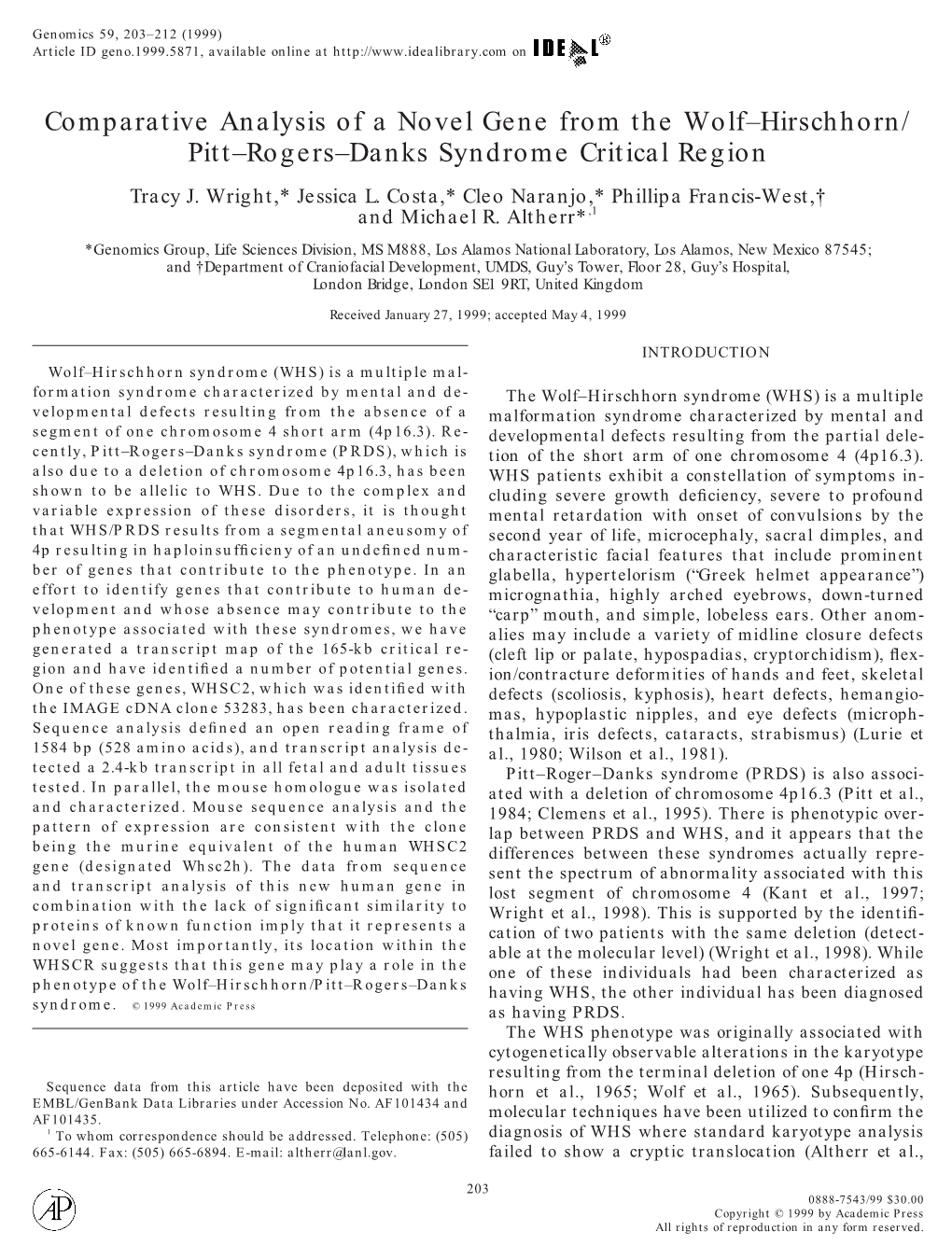 Comparative Analysis of a Novel Gene from the Wolf-Hirschhorn/Pitt