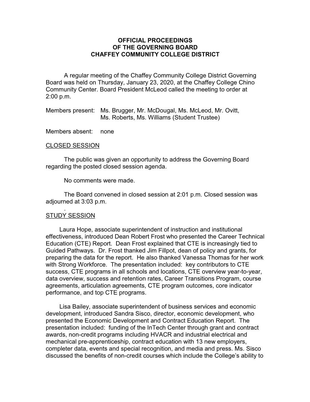 Official Proceedings of the Governing Board Chaffey Community College District