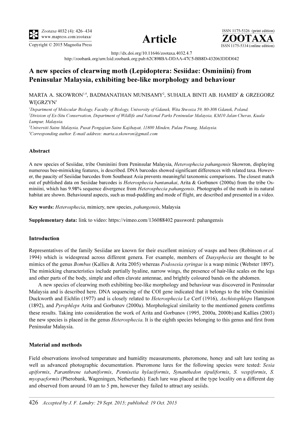 A New Species of Clearwing Moth (Lepidoptera: Sesiidae: Osminiini) from Peninsular Malaysia, Exhibiting Bee-Like Morphology and Behaviour