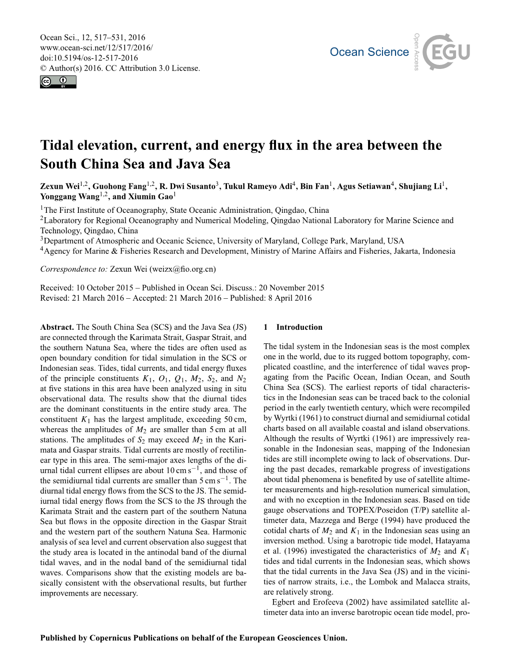 Tidal Elevation, Current, and Energy Flux in the Area Between the South