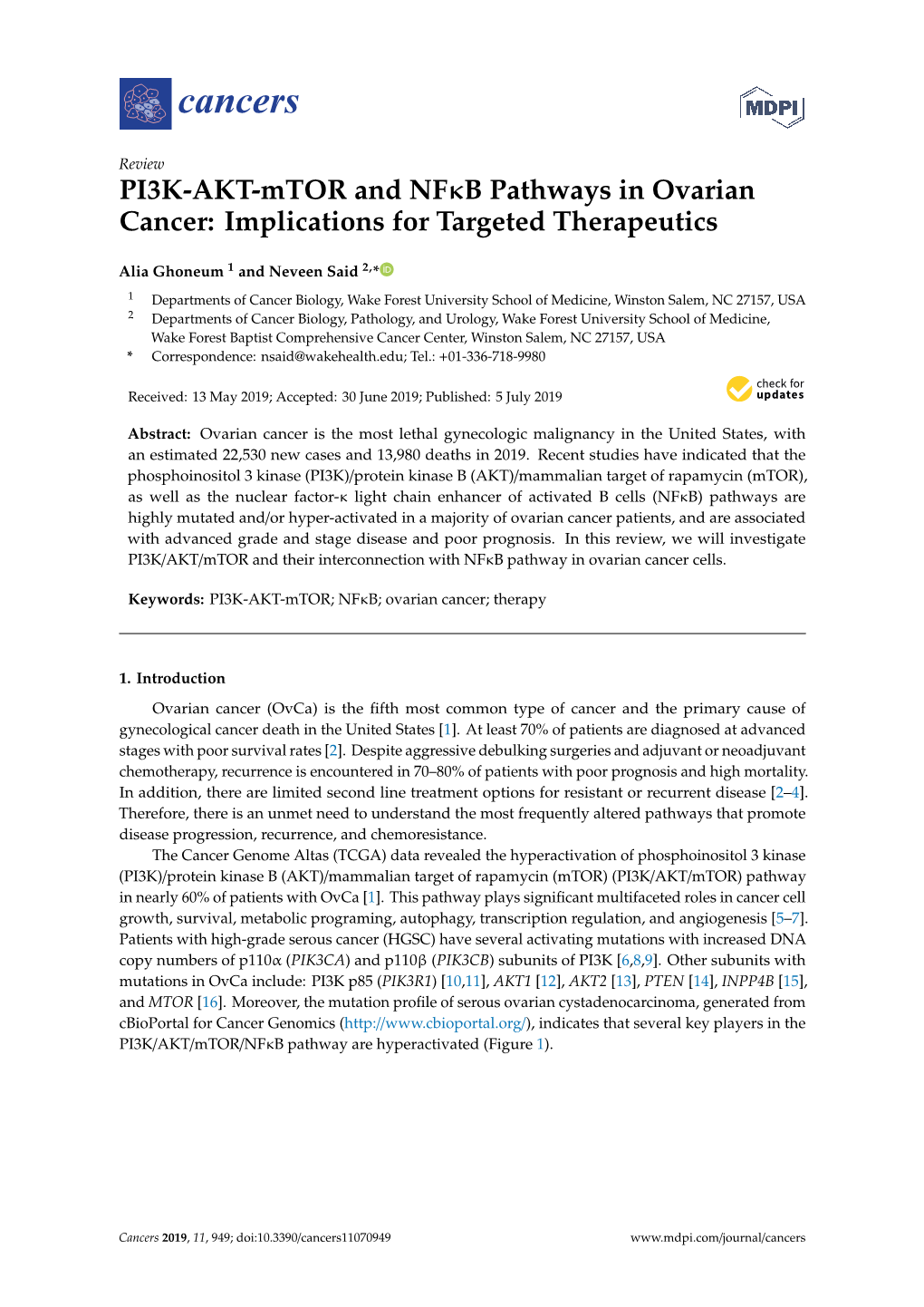 PI3K-AKT-Mtor and Nfκb Pathways in Ovarian Cancer: Implications for Targeted Therapeutics