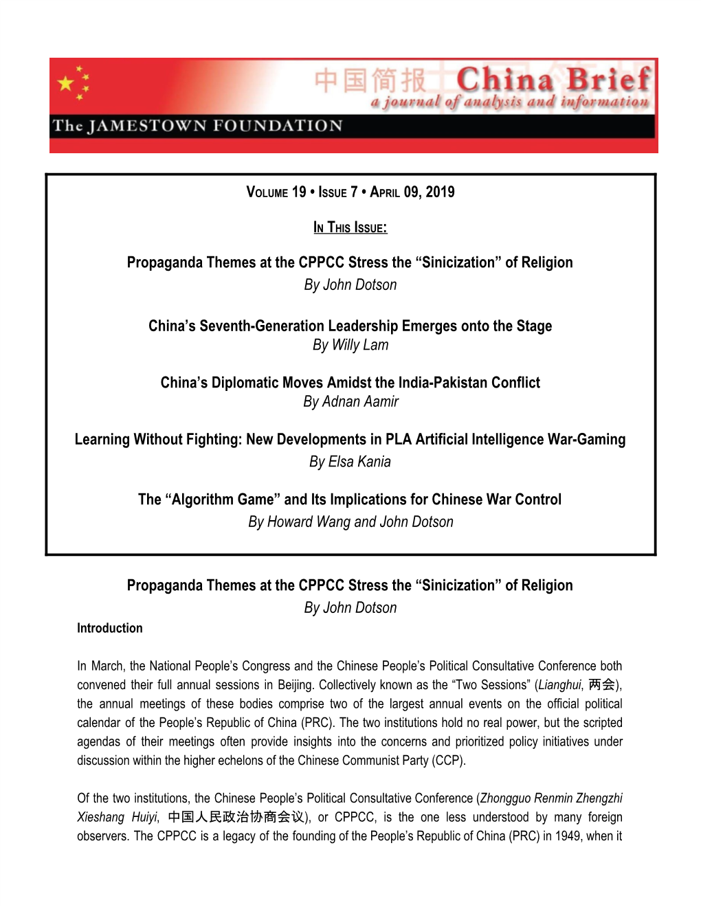 VOLUME 19 • ISSUE 7 • APRIL 09, 2019 Propaganda Themes at the CPPCC Stress