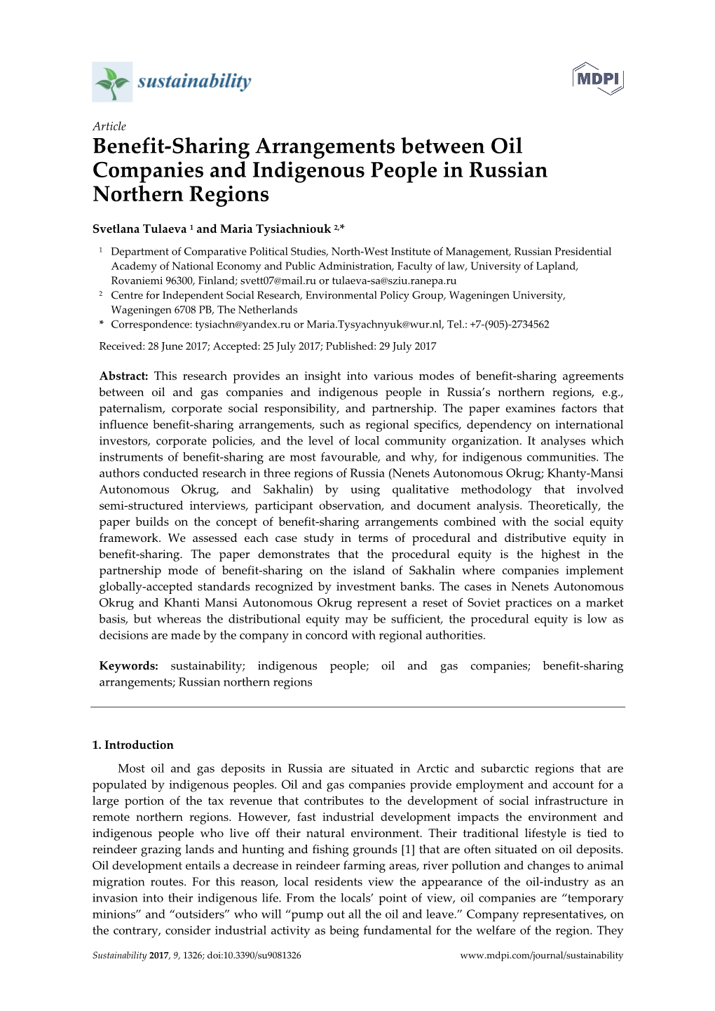 Benefit-Sharing Arrangements Between Oil Companies and Indigenous People in Russian Northern Regions