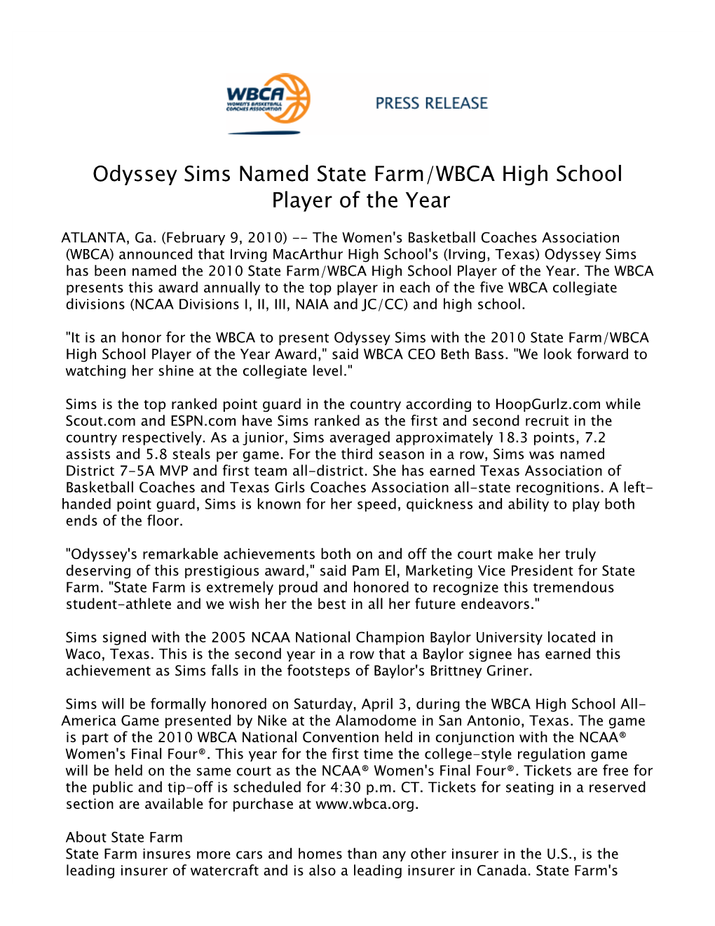 Odyssey Sims Named State Farm/WBCA High School Player of the Year