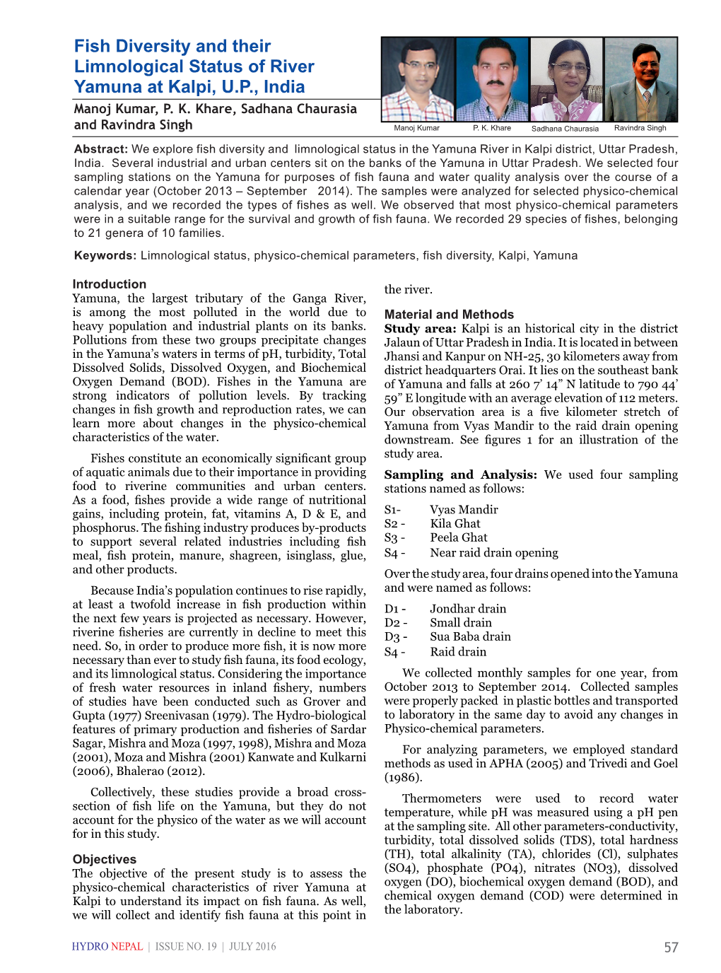 Fish Diversity and Their Limnological Status of River Yamuna at Kalpi, U.P., India Manoj Kumar, P