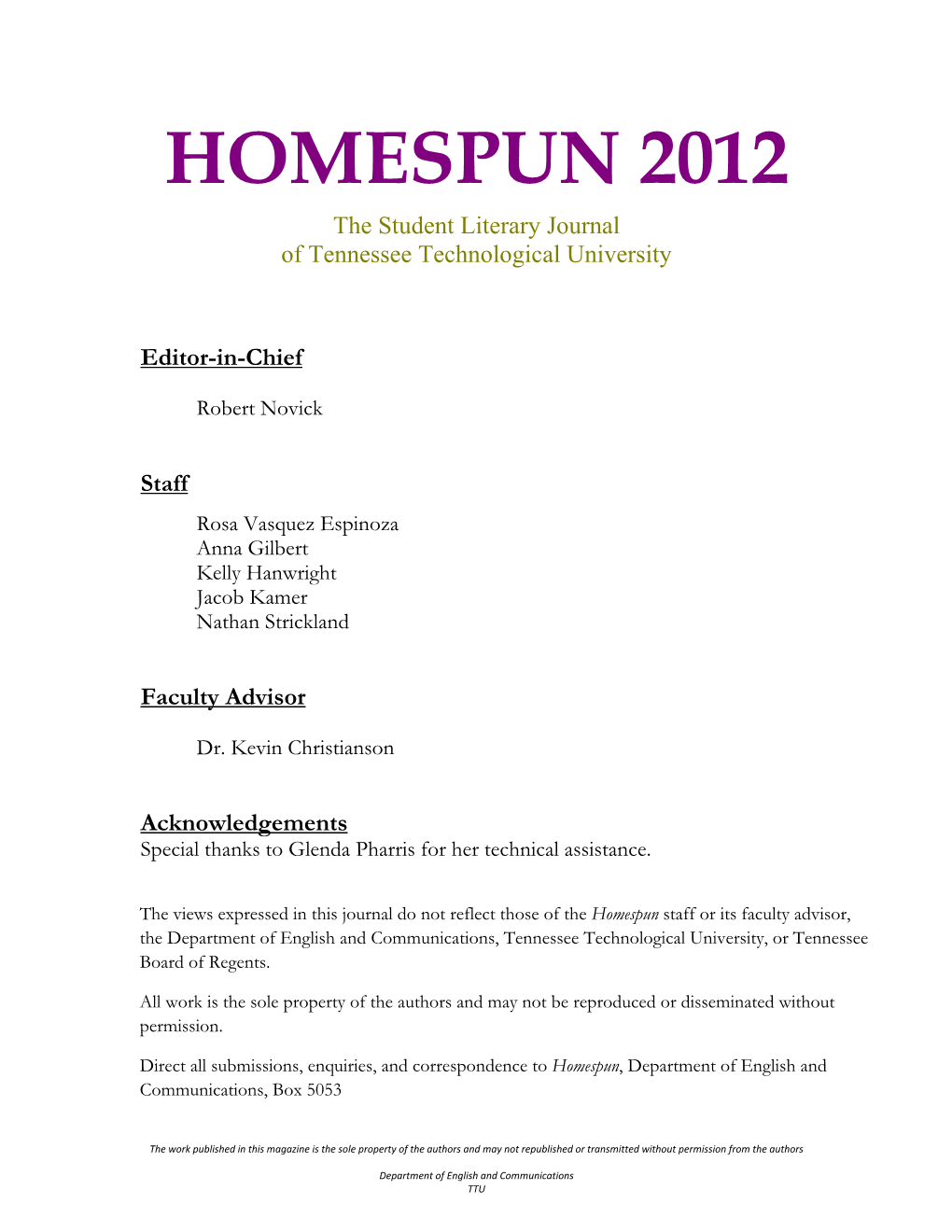 HOMESPUN 2012 the Student Literary Journal of Tennessee Technological University