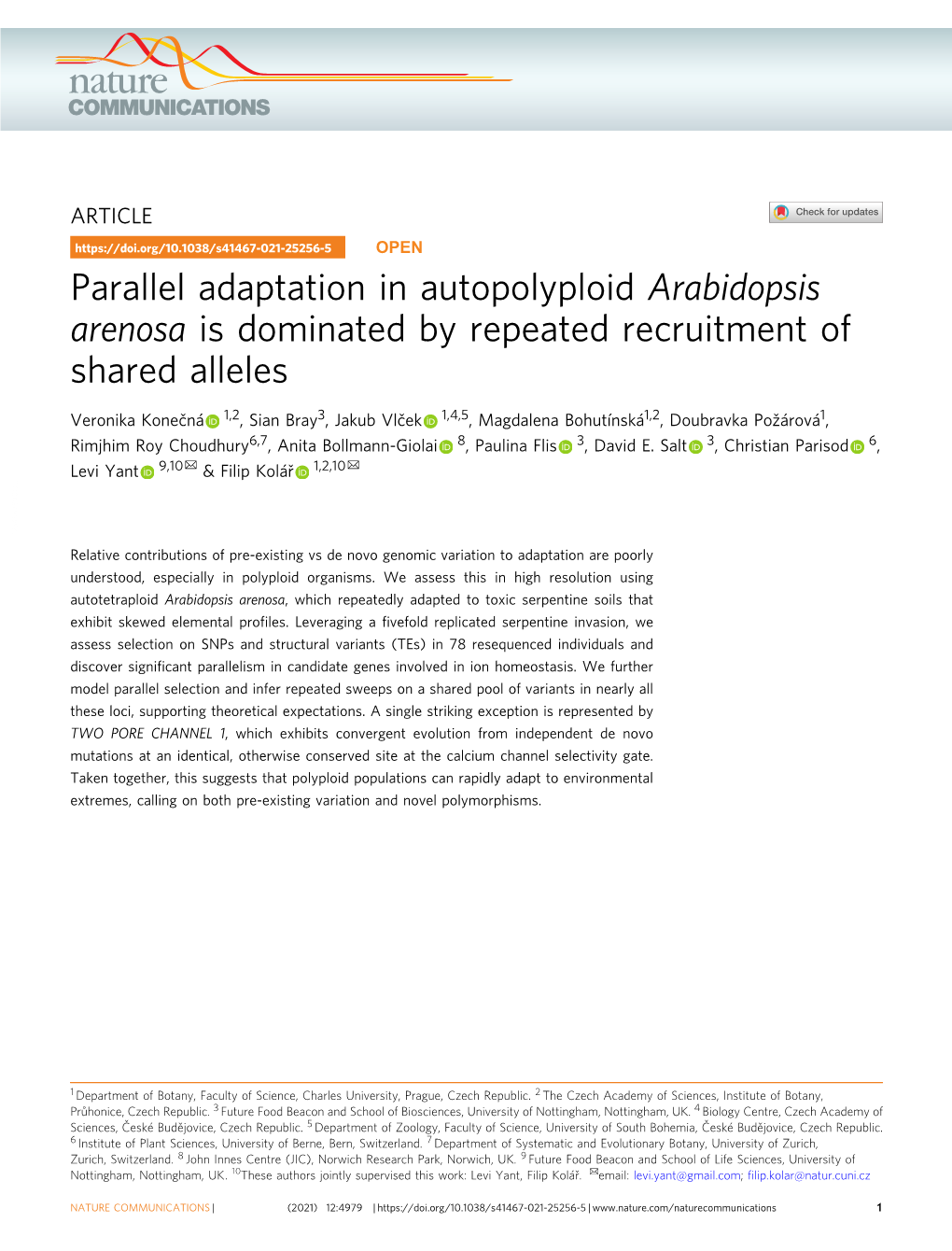 Parallel Adaptation in Autopolyploid Arabidopsis Arenosa Is Dominated by Repeated Recruitment of Shared Alleles