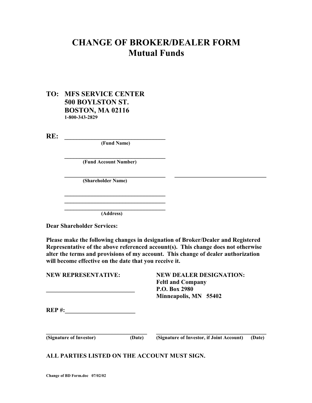 Change of Broker/Dealer Form