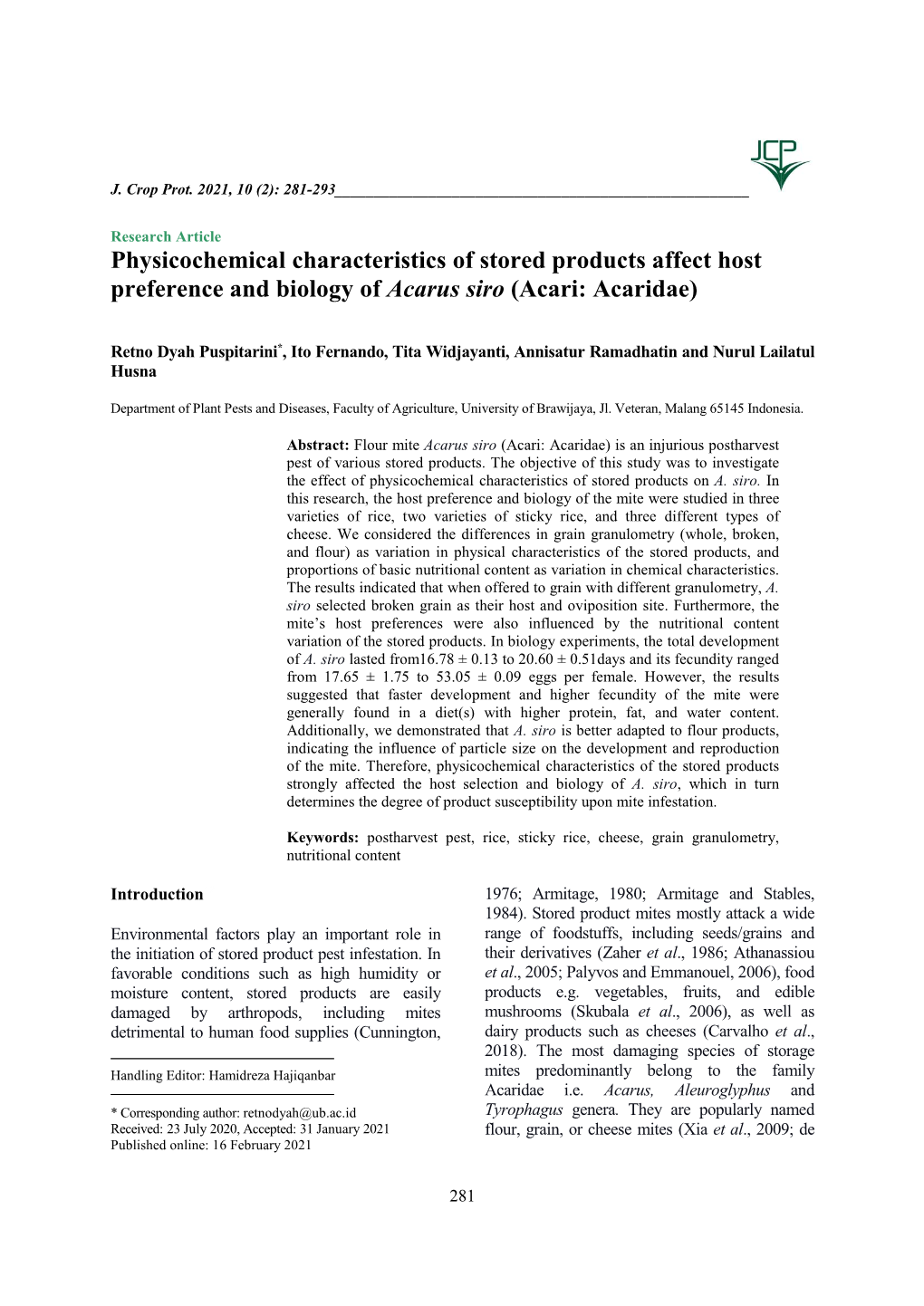 Physicochemical Characteristics of Stored Products Affect Host Preference and Biology of Acarus Siro (Acari: Acaridae)