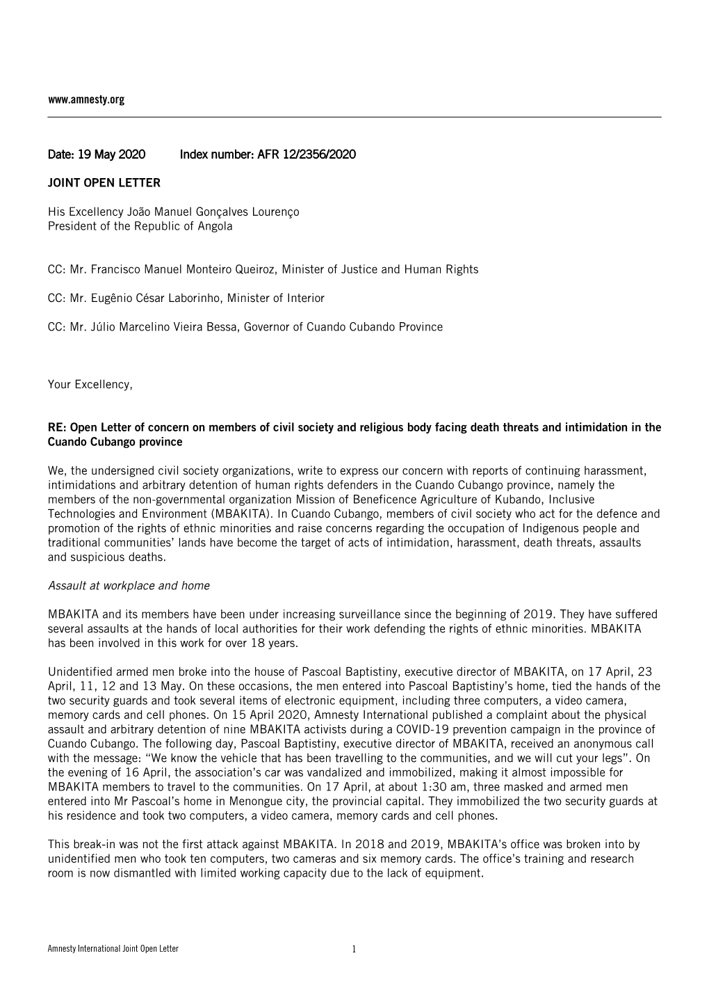 Open Letter of Concern on Members of Civil Society and Religious Body Facing Death Threats and Intimidation in the Cuando Cubango Province