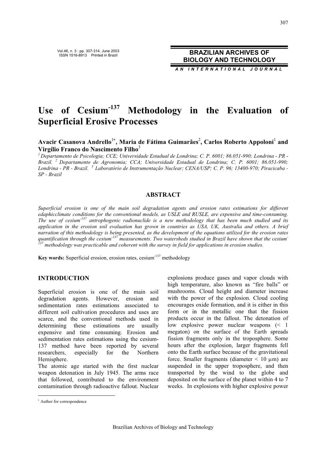 Use of Cesium-137 Methodology in the Evaluation of Superficial Erosive Processes