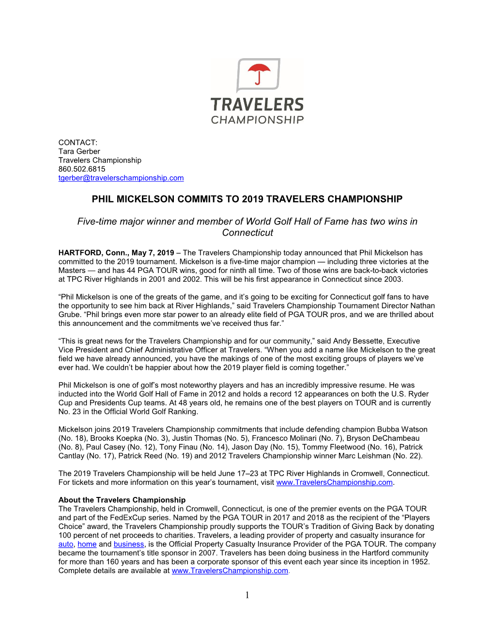 Phil Mickelson Commits to 2019 Travelers Championship