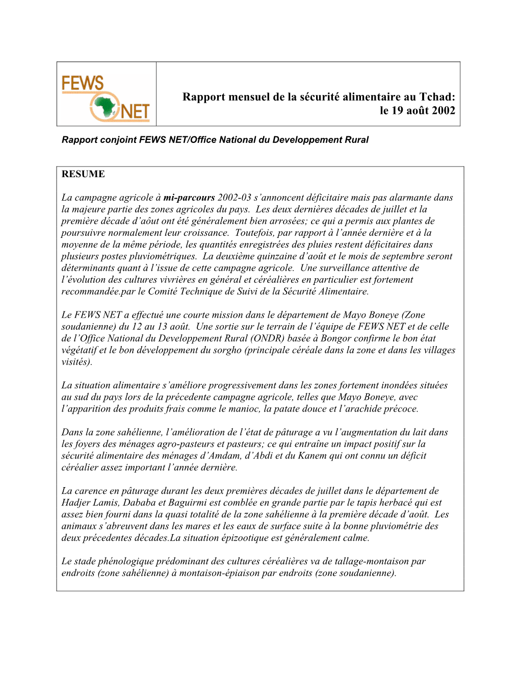Rapport Mensuel De La Sécurité Alimentaire Au Tchad: Le 19 Août 2002