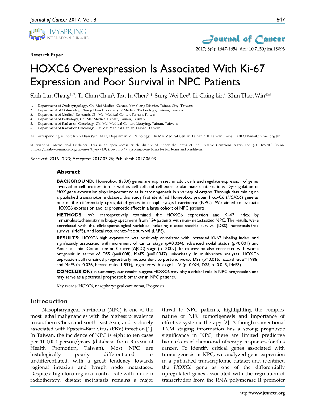 HOXC6 Overexpression Is Associated with Ki-67 Expression and Poor