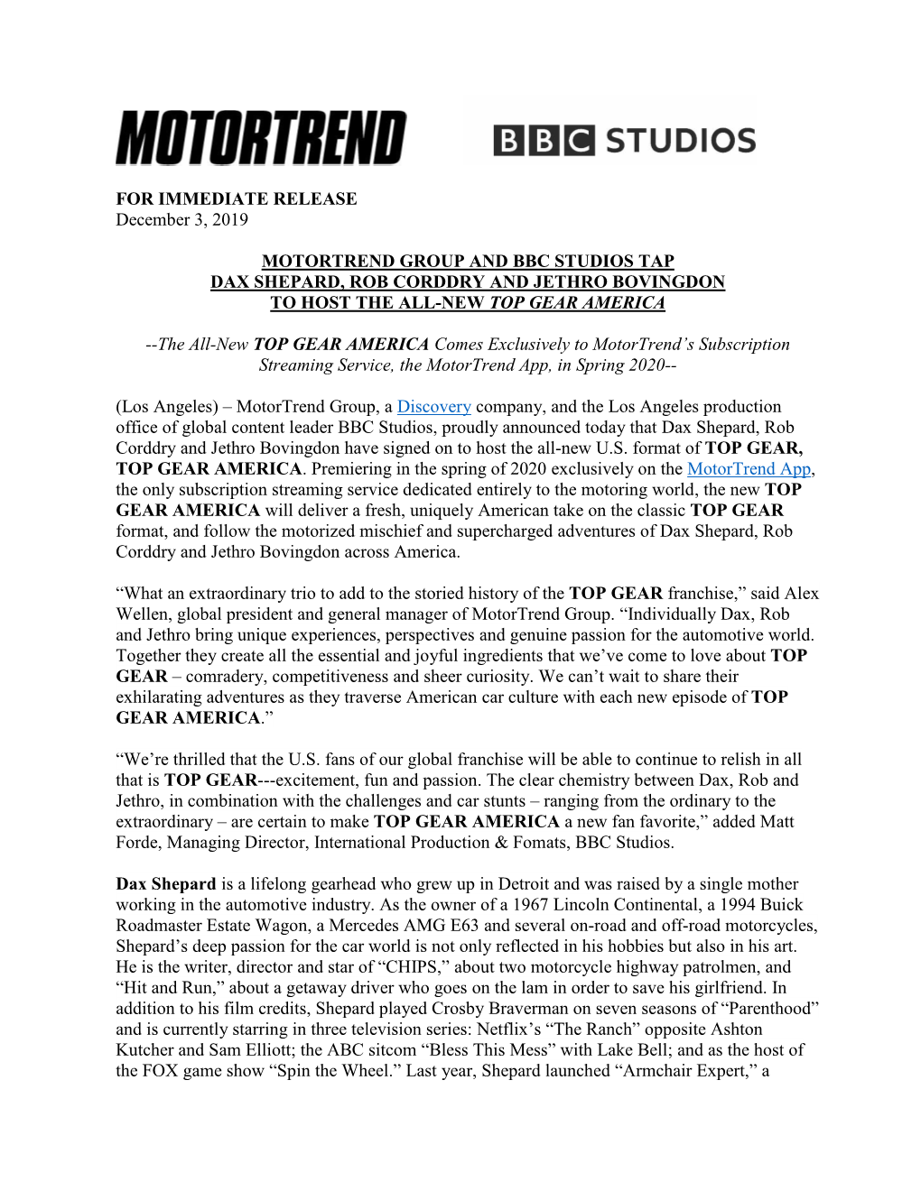 FOR IMMEDIATE RELEASE December 3, 2019 MOTORTREND