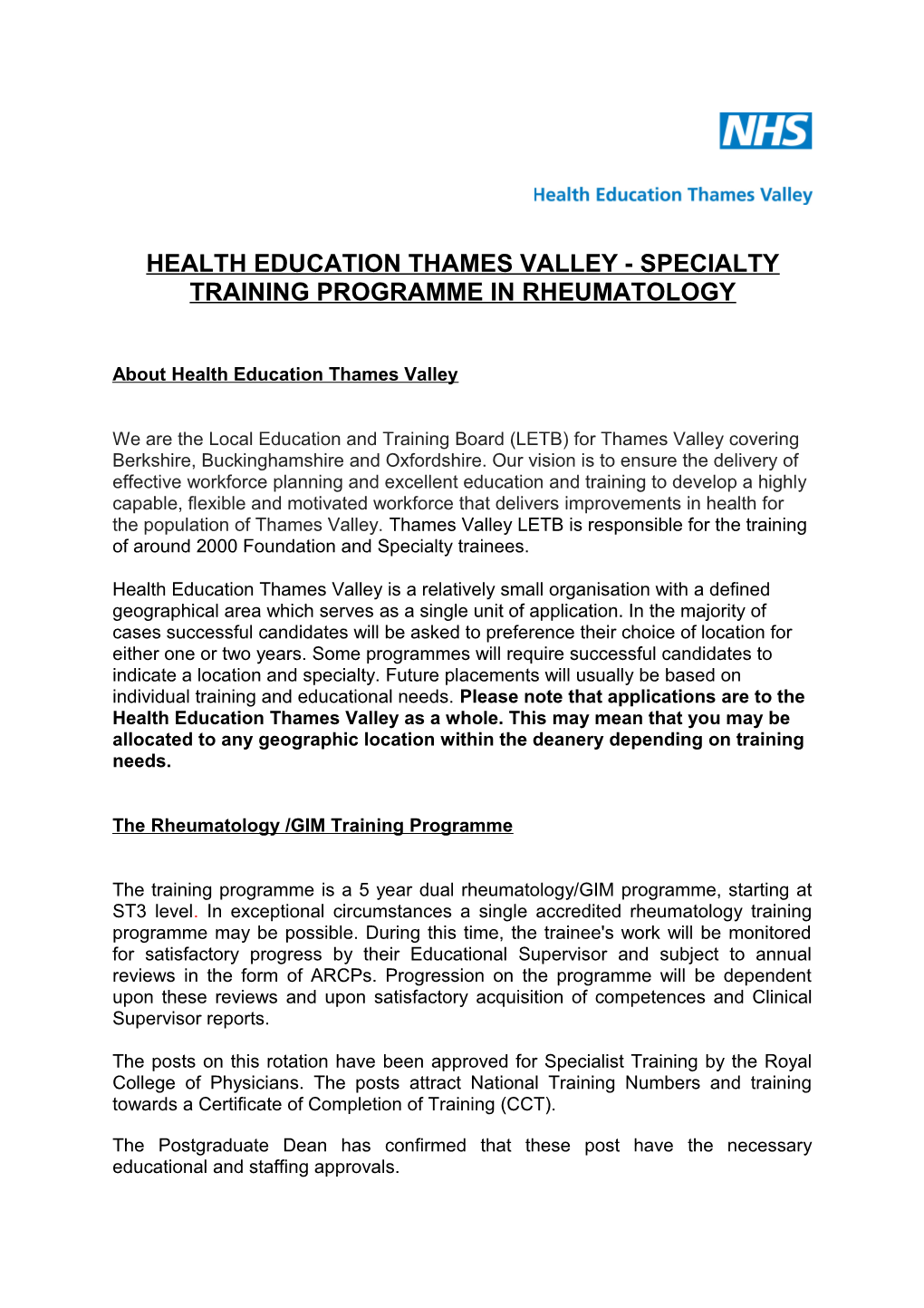 Oxford Deanery Specialty Training Programme in Rheumatology