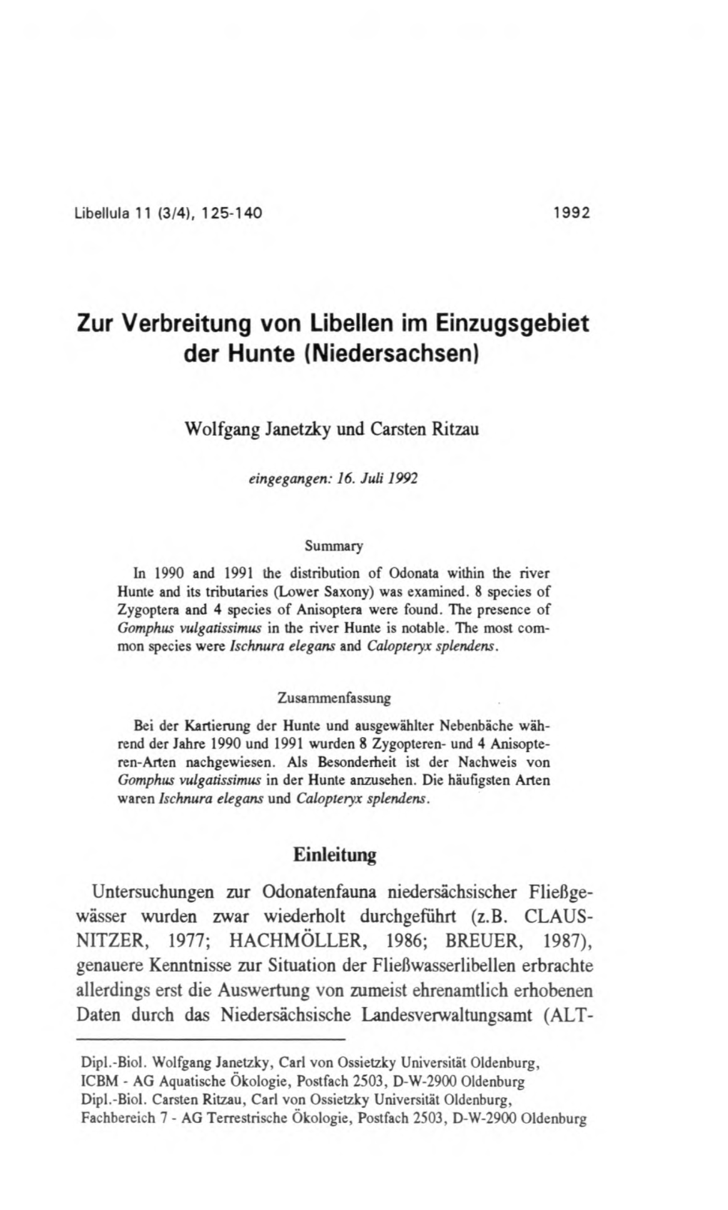 Zur Verbreitung Von Libellen Im Einzugsgebiet Der Hunte (Niedersachsen)